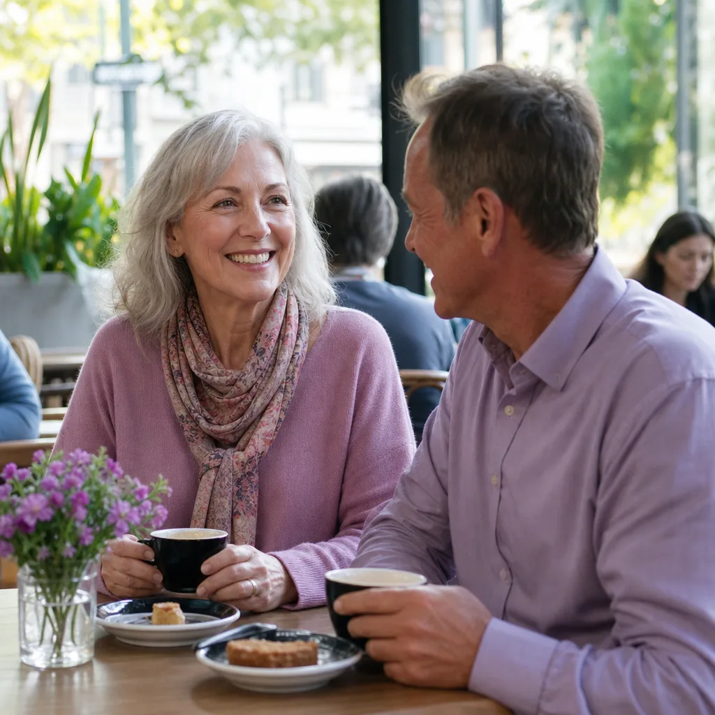 Mature man and woman meeting in a busy County Down café