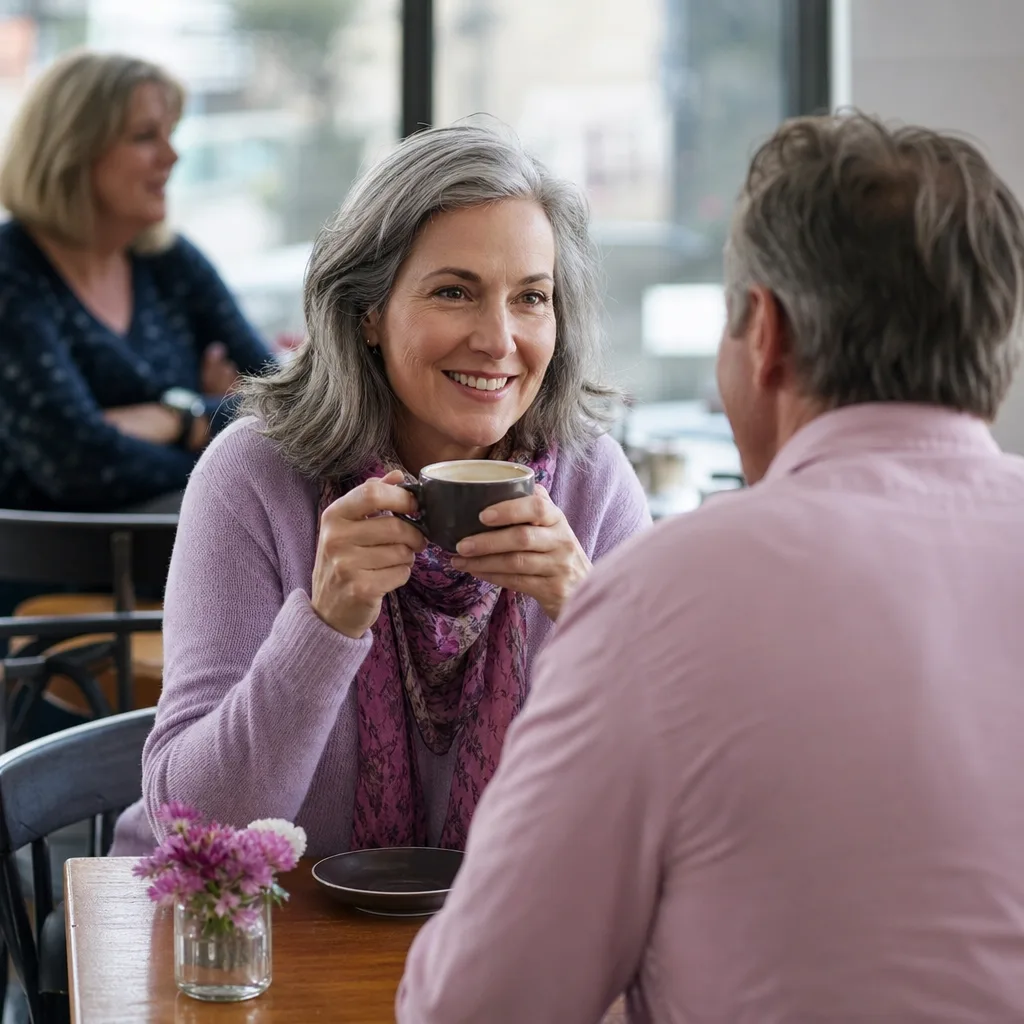 Two adults talking over coffee in a busy public café