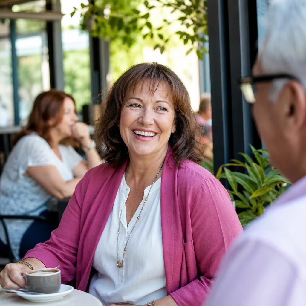 Two older adults walking and talking in a public park