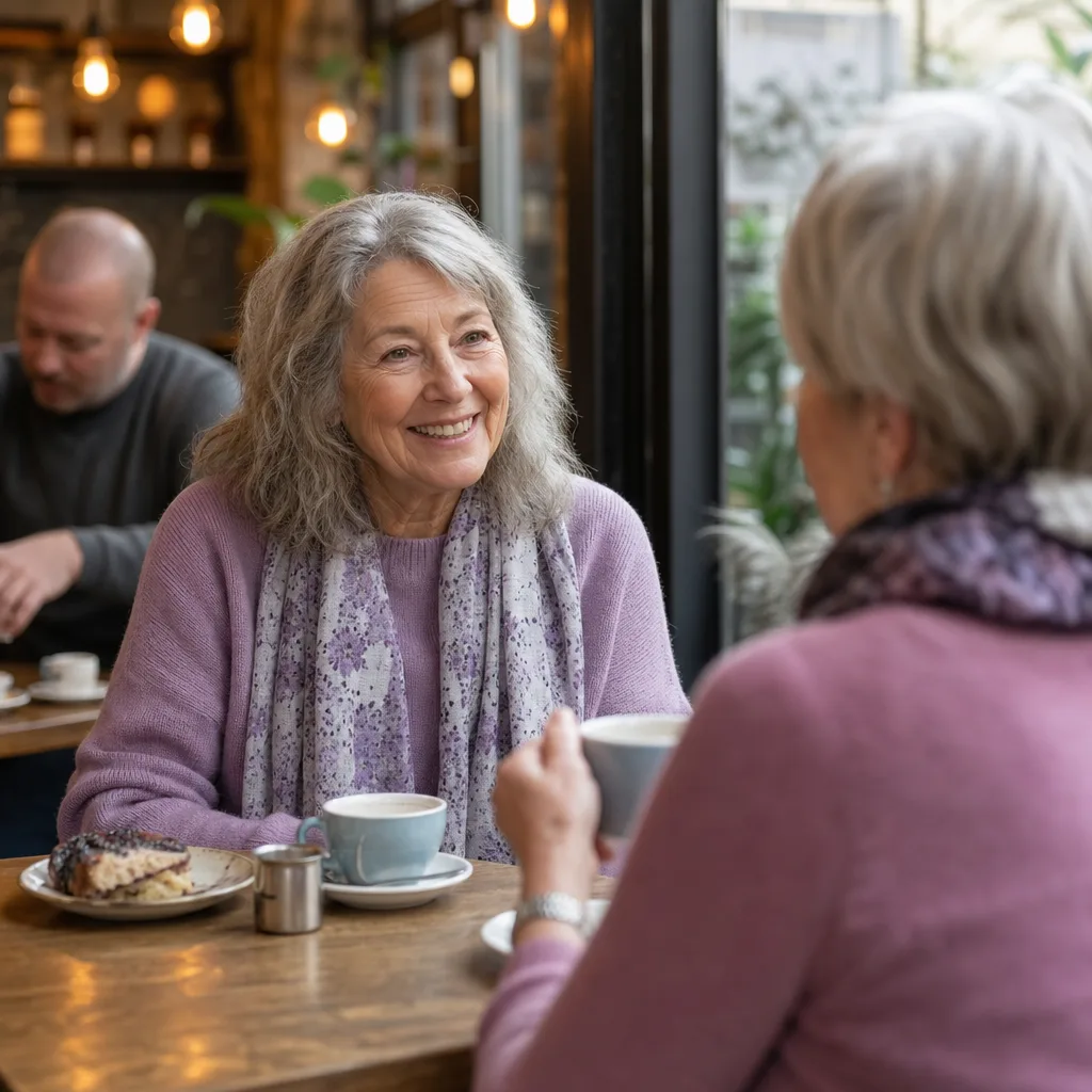 Mature woman writing an honest dating profile at a kitchen table